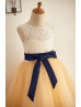 Ivory Lace Champagne Tulle Tea Length Flower Girl Dress